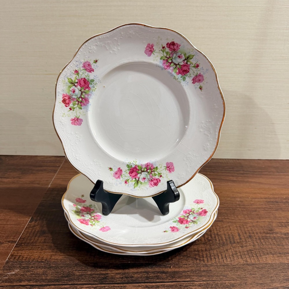 4 Antique Smith Phillips Salad Plate 8" Pink Rose Princess Porcelain Gold Trim